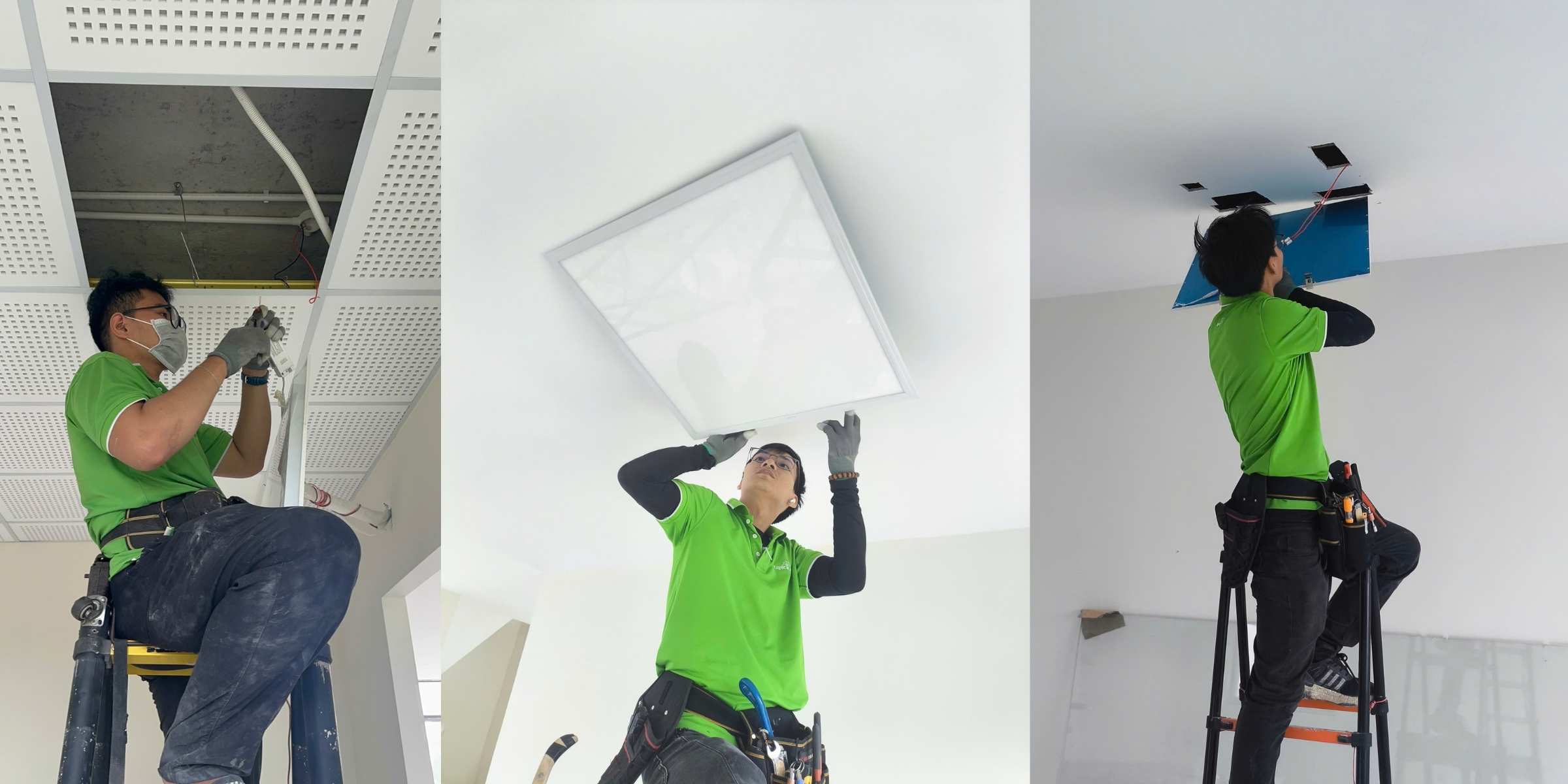 Kỹ thuật viên lắp đặt đèn LED panel 600x600 âm trần trên trần thạch cao trong công trình nội thất